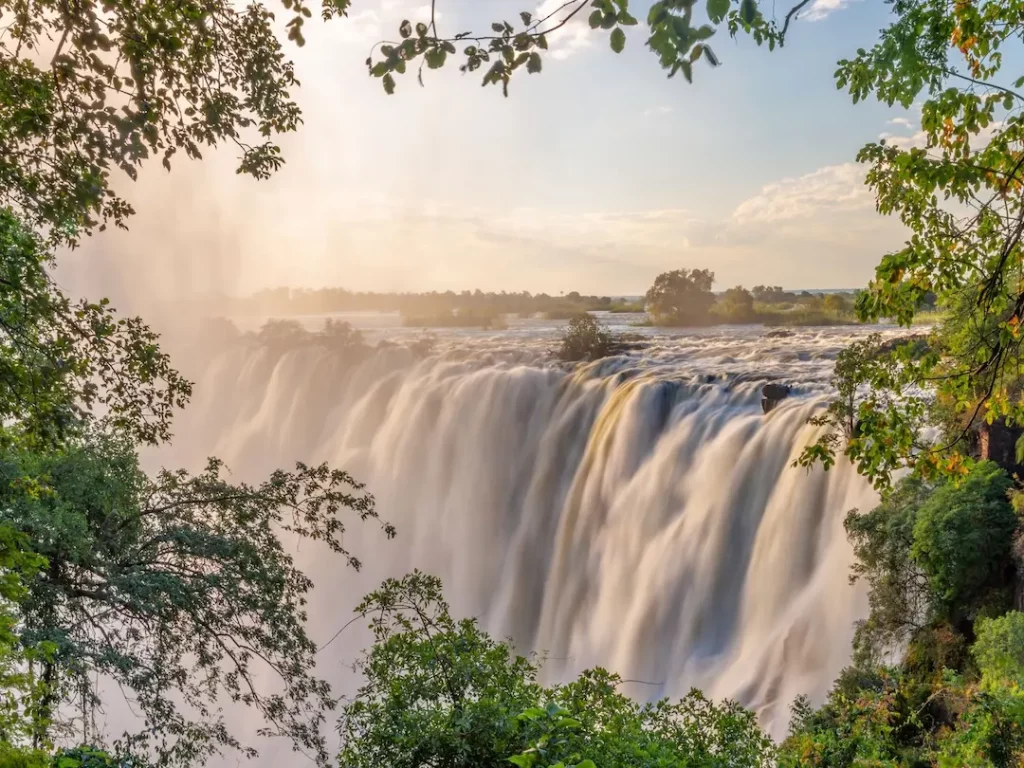 Das Bild zeigt die beeindruckenden Niagarafälle, aufgenommen aus einer Perspektive, die durch Bäume und Pflanzen im Vordergrund eingerahmt wird. Das Wasser fällt mit großer Kraft in die Tiefe, und der Lichtstrahl der Abendsonne lässt den Wasserfall in einem weichen, goldenen Licht erstrahlen. Der Nebel, der vom Wasser aufsteigt, trägt zur mystischen Atmosphäre bei. Die Niagarafälle, an der Grenze zwischen den USA und Kanada, sind eines der bekanntesten Naturwunder der Welt.