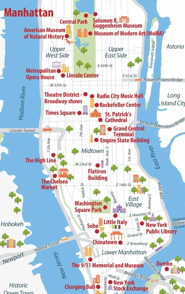 Karte von Manhattan in New York mit markierten Sehenswürdigkeiten wie Central Park, Times Square, Empire State Building, Rockefeller Center und Brooklyn Bridge