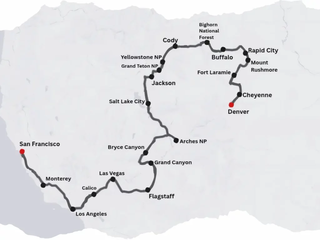 Karte einer USA Rundreise von Denver über Mount Rushmore, Yellowstone, Grand Teton, Salt Lake City, Bryce Canyon, Grand Canyon und Las Vegas bis nach Los Angeles und San Francisco
