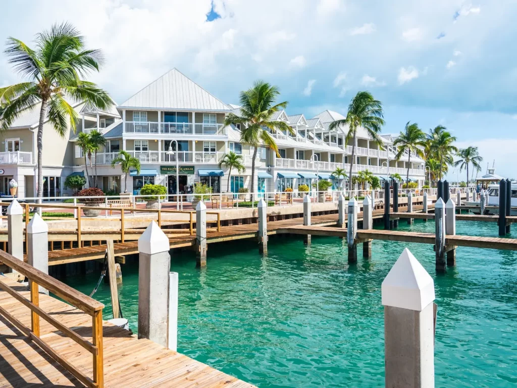 Uferpromenade von Miami: Hafenanlage mit Holzstegen, Palmen und Gebäuden an türkisfarbenem Wasser